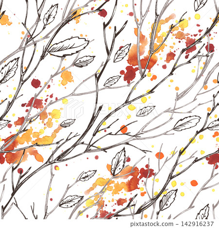 Hand drawn autumn tree branches with falling leaves and watercolor splashes. Ink engraving style seamless pattern in black outline. Hand drawn autumn tree branches with falling leaves and watercolor splashes. Ink engraving style seamless pattern in black outline. 142916237