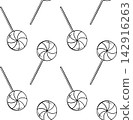 Hand-drawn New Year's lollipop with diagonal stripes and swirl top in sketch style. Repeatable pattern for Christmas packaging, menus and festive flyers 142916263
