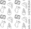 Seamless doodle pattern of Christmas sweets, drinks, toys and presents. Monochrome vector illustration for holiday packaging, stickers and promotional flyers 142916264