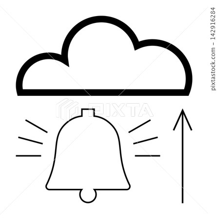 Cloud computing, digital notifications, data upload, online alerts, communication systems, warning signals. Bell icon below a cloud with upward arrow. Cloud computing and digital notifications Cloud computing, digital notifications, data upload, online alerts, communication systems, warning signals. Bell icon below a cloud with upward arrow. Cloud computing and digital notifications 142916284