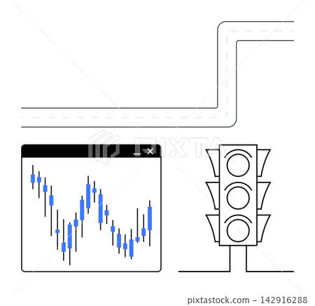 Stock market analysis, decision-making, navigation, investment strategies, data flow, transportation. Candlestick chart and a traffic light with a road curve. Stock market analysis Stock market analysis, decision-making, navigation, investment strategies, data flow, transportation. Candlestick chart and a traffic light with a road curve. Stock market analysis 142916288