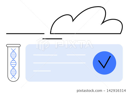 Biotechnology, DNA storage, cloud technology, data verification, genetic research, tech innovation. Test tube with DNA strand, cloud icon and verification symbol. Biotechnology and DNA storage Biotechnology, DNA storage, cloud technology, data verification, genetic research, tech innovation. Test tube with DNA strand, cloud icon and verification symbol. Biotechnology and DNA storage 142916314