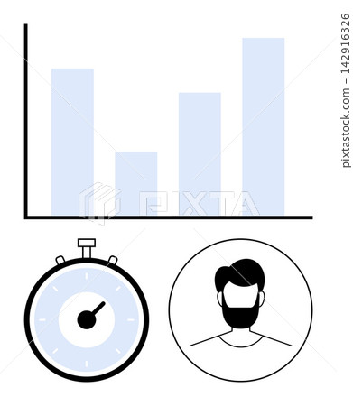 Business monitoring, productivity tools, time tracking, performance evaluation, work efficiency, human resources. Iconic graph, clock and person avatar composition. Business monitoring Business monitoring, productivity tools, time tracking, performance evaluation, work efficiency, human resources. Iconic graph, clock and person avatar composition. Business monitoring 142916326