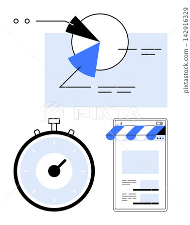 Business strategy, e-commerce, data visualization, productivity, time management, website design. A chart, stopwatch and online shop page. Business strategy and e-commerce elements conveyed Business strategy, e-commerce, data visualization, productivity, time management, website design. A chart, stopwatch and online shop page. Business strategy and e-commerce elements conveyed 142916329