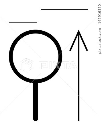 Search, discovery, growth, navigation, problem-solving, focus. Black magnifying glass and upward arrow with horizontal lines. Search and discovery with symbols for growth and focus Search, discovery, growth, navigation, problem-solving, focus. Black magnifying glass and upward arrow with horizontal lines. Search and discovery with symbols for growth and focus 142916330