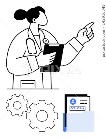 Healthcare, medical records, patient management, data organization, diagnostics, workflow optimization. Female doctor holding clipboard and pointing. Healthcare and medical records focus Healthcare, medical records, patient management, data organization, diagnostics, workflow optimization. Female doctor holding clipboard and pointing. Healthcare and medical records focus 142916349