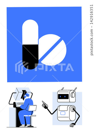 Healthcare technology, automation, robotics, digital operations, AI tools, pharmaceutical advancements. Blue background with a pill, a robot and a person at a computer. Healthcare technology Healthcare technology, automation, robotics, digital operations, AI tools, pharmaceutical advancements. Blue background with a pill, a robot and a person at a computer. Healthcare technology 142916351