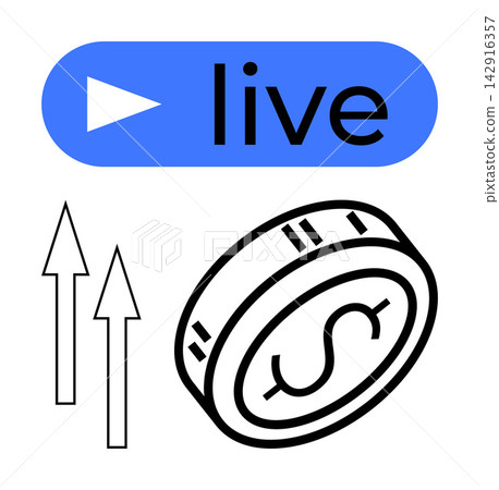 Digital marketing, online revenue, live streaming, financial growth, content monetization, broadcasting. Play button labeled live, arrows and a dollar coin. Online revenue and live streaming Digital marketing, online revenue, live streaming, financial growth, content monetization, broadcasting. Play button labeled live, arrows and a dollar coin. Online revenue and live streaming 142916357