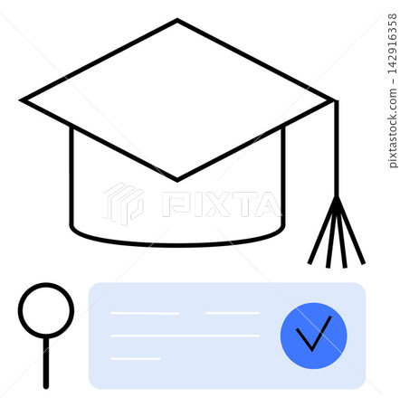 Education, online learning, certification, academic achievement, approval process, secure documentation. Graduation cap with a document and checkmark icon. Education and certification validation Education, online learning, certification, academic achievement, approval process, secure documentation. Graduation cap with a document and checkmark icon. Education and certification validation 142916358