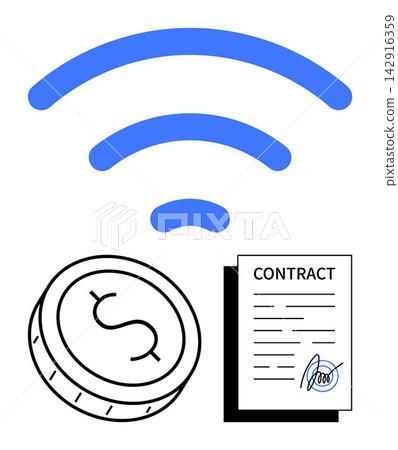 Finance, legal services, digital payments, wireless technology, remote agreements, online contracts. Coin symbol, wireless signal and a signed contract. Finance and legal services concept Finance, legal services, digital payments, wireless technology, remote agreements, online contracts. Coin symbol, wireless signal and a signed contract. Finance and legal services concept 142916359