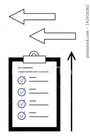 Task management, goal setting, workflow organization, project planning, productivity, direction tracking. A clipboard with a checklist and arrows. Task management and workflow organization concept Task management, goal setting, workflow organization, project planning, productivity, direction tracking. A clipboard with a checklist and arrows. Task management and workflow organization concept 142916362