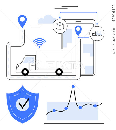 Supply chain, logistics, transportation, data analysis, delivery tracking, fleet management. A truck on a digital map with route, shield and chart icons. Supply chain and logistics concepts 142916363