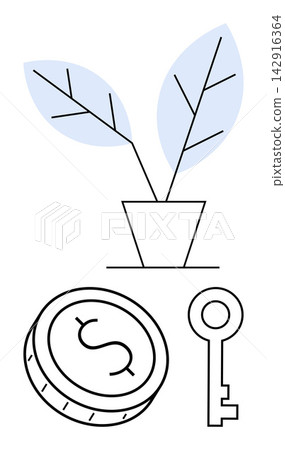 Financial growth, prosperity, security, key to success, resource management, wealth planning. Potted plant, coin with dollar sign and key illustrations. Financial growth and prosperity concepts Financial growth, prosperity, security, key to success, resource management, wealth planning. Potted plant, coin with dollar sign and key illustrations. Financial growth and prosperity concepts 142916364