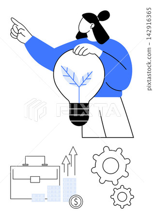 Sustainability, business growth, eco-innovation, success strategy, economic progress, green business. A person holds a glowing light bulb with a leaf inside, pointing forward. Highlights 142916365