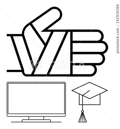 Educational achievement, digital learning, online studies, success, virtual training, motivation. Thumbs-up gesture, graduation cap and computer screen in black line art. Education and digital Educational achievement, digital learning, online studies, success, virtual training, motivation. Thumbs-up gesture, graduation cap and computer screen in black line art. Education and digital 142916366