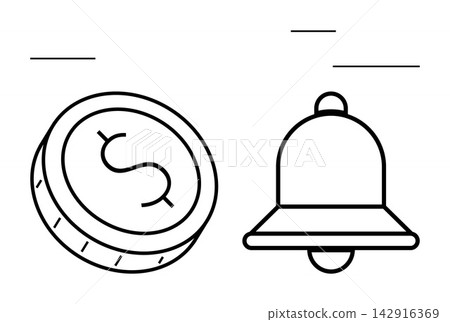 Finance, notifications, alerts, wealth management, monetary transactions, digital economy. Line art showing a dollar coin and a bell. Finance and notifications concept 142916369