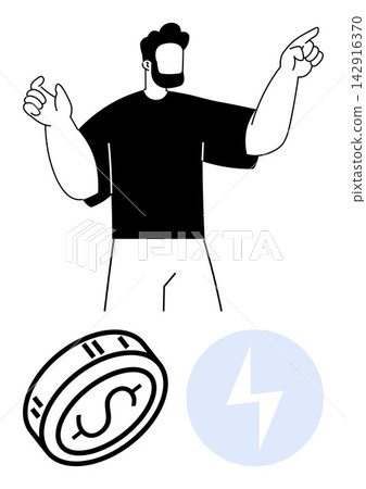 Financial technology, renewable energy, digital payments, sustainability, economic growth, investment. Man pointing with coin and energy symbol. Finance and renewable energy concepts Financial technology, renewable energy, digital payments, sustainability, economic growth, investment. Man pointing with coin and energy symbol. Finance and renewable energy concepts 142916370