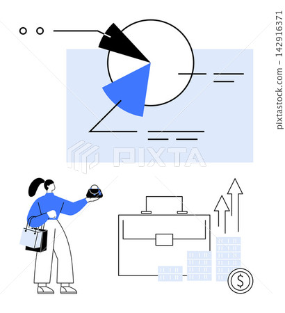 Business strategy, investment planning, data analysis, economic growth, market trends, financial success. Woman holding a shopping bag, pie chart arrows briefcase and currency. Business strategy Business strategy, investment planning, data analysis, economic growth, market trends, financial success. Woman holding a shopping bag, pie chart arrows briefcase and currency. Business strategy 142916371