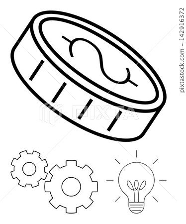 Business strategy, innovation, finance, technology, creativity, and problem-solving. Coin with dollar symbol, mechanical gears and light bulb. Finance and innovation Business strategy, innovation, finance, technology, creativity, and problem-solving. Coin with dollar symbol, mechanical gears and light bulb. Finance and innovation 142916372