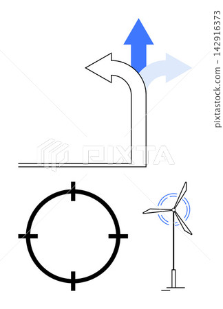 Renewable energy, sustainability goals, progress direction, innovation, clean energy, precision target setting. Blue arrows progress and growth, with a wind turbine for renewable energy. Progress Renewable energy, sustainability goals, progress direction, innovation, clean energy, precision target setting. Blue arrows progress and growth, with a wind turbine for renewable energy. Progress 142916373
