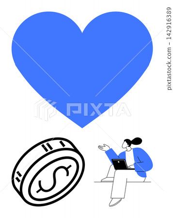 Financial well-being, money management, online business, personal finances, economic growth, connection. A blue heart, coin and person with a laptop. Financial well-being and money management Financial well-being, money management, online business, personal finances, economic growth, connection. A blue heart, coin and person with a laptop. Financial well-being and money management 142916389