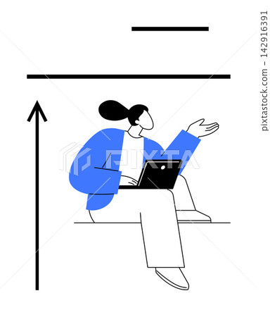 Business growth, technology, productivity, data analysis, career development, online communication. A seated woman holding a laptop with one hand raised, arrow pointing up. Business growth Business growth, technology, productivity, data analysis, career development, online communication. A seated woman holding a laptop with one hand raised, arrow pointing up. Business growth 142916391