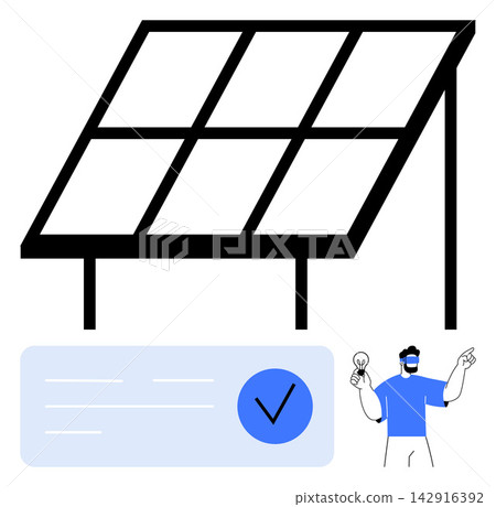 Renewable energy, technology approval, sustainable solutions, solar power, energy efficiency, user innovation. Black solar panel, person holding light bulb with approval check. Renewable energy Renewable energy, technology approval, sustainable solutions, solar power, energy efficiency, user innovation. Black solar panel, person holding light bulb with approval check. Renewable energy 142916392