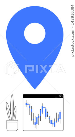 Data analysis, stock market trends, financial planning, GPS mapping, online business, trading strategies. Blue pin, candle chart plant. Data analysis and stock market trends concept Data analysis, stock market trends, financial planning, GPS mapping, online business, trading strategies. Blue pin, candle chart plant. Data analysis and stock market trends concept 142916394