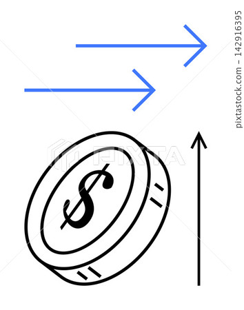 Financial growth, money transfer, banking, investments, currency exchange, economics. Dollar coin with upward arrow and two horizontal arrows. Financial growth and money transfer concept Financial growth, money transfer, banking, investments, currency exchange, economics. Dollar coin with upward arrow and two horizontal arrows. Financial growth and money transfer concept 142916395