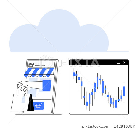 E-commerce trends, stock market analysis, online business, trading apps, digital investments, cloud computing. Smartphone store and blue candlestick chart with cloud backdrop. E-commerce and stock E-commerce trends, stock market analysis, online business, trading apps, digital investments, cloud computing. Smartphone store and blue candlestick chart with cloud backdrop. E-commerce and stock 142916397