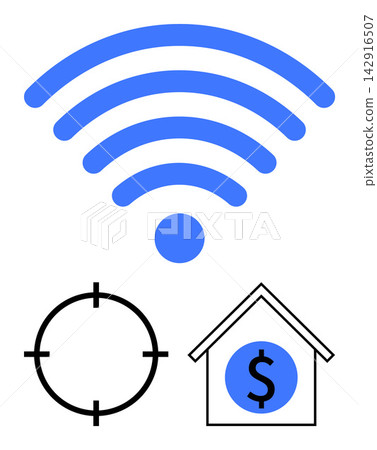 Business finance, goal setting, smart home tech, internet access, financial planning, wireless solutions. Blue wireless symbol, black target house with dollar sign. Business finance and goal setting Business finance, goal setting, smart home tech, internet access, financial planning, wireless solutions. Blue wireless symbol, black target house with dollar sign. Business finance and goal setting 142916507