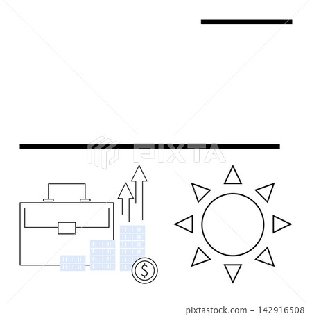 Business strategy, financial growth, renewable energy, investment planning, solar power, eco-friendly solutions. Briefcase, money stacks rising arrows and sun symbol. Business strategy Business strategy, financial growth, renewable energy, investment planning, solar power, eco-friendly solutions. Briefcase, money stacks rising arrows and sun symbol. Business strategy 142916508
