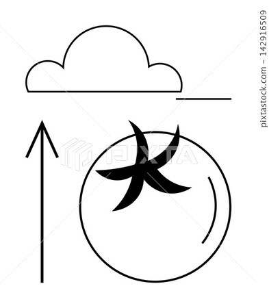 Data storage, digital processes, simplicity, connection, progress, minimal design. Cloud with a horizontal bar, arrow pointing upward and a circular shape with a unique central design. Data storage Data storage, digital processes, simplicity, connection, progress, minimal design. Cloud with a horizontal bar, arrow pointing upward and a circular shape with a unique central design. Data storage 142916509