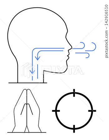 Health, meditation, mindfulness, spirituality, breathing techniques, and concentration concepts. Minimal illustration of a breathing head, praying hands and a target circle. Mindfulness Health, meditation, mindfulness, spirituality, breathing techniques, and concentration concepts. Minimal illustration of a breathing head, praying hands and a target circle. Mindfulness 142916510