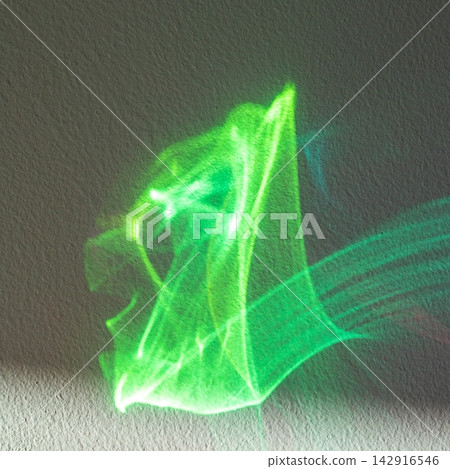 Green abstract light wave on textured wall with neon motion and energy reflection art Green abstract light wave on textured wall with neon motion and energy reflection art 142916546