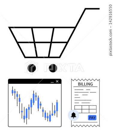 E-commerce, online shopping, financial analysis, digital payments, billing management, economic transactions. Shopping cart, financial chart and receipt elements. E-commerce and billing management E-commerce, online shopping, financial analysis, digital payments, billing management, economic transactions. Shopping cart, financial chart and receipt elements. E-commerce and billing management 142916550