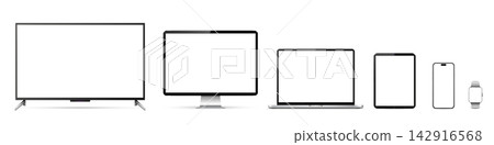 Realistic smart tv screen, computer monitor, laptop, tablet pc, mobile phone and smartwatch mockup Realistic smart tv screen, computer monitor, laptop, tablet pc, mobile phone and smartwatch mockup 142916568