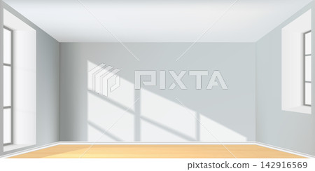 Realistic vector illustration empty room with sunlight on the wall and wooden floor Realistic vector illustration empty room with sunlight on the wall and wooden floor 142916569