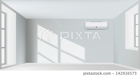 Realistic vector illustration empty room with air condition split system on the sunlight wall Realistic vector illustration empty room with air condition split system on the sunlight wall 142916573