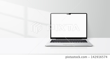 Presentation display of laptop computer on table in room with sunlight on the wall Presentation display of laptop computer on table in room with sunlight on the wall 142916574