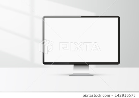 Presentation computer display on table in room with sunlight on the wall Presentation computer display on table in room with sunlight on the wall 142916575