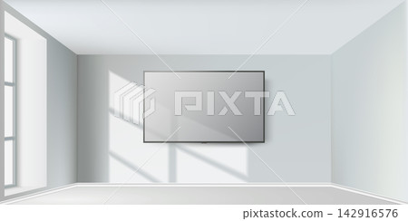 Realistic vector illustration empty room with modern smart television display on the sunlight wall Realistic vector illustration empty room with modern smart television display on the sunlight wall 142916576