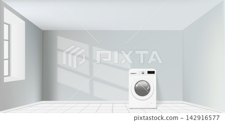 Realistic empty room with sunlight on the wall and new modern washing machine in corner Realistic empty room with sunlight on the wall and new modern washing machine in corner 142916577