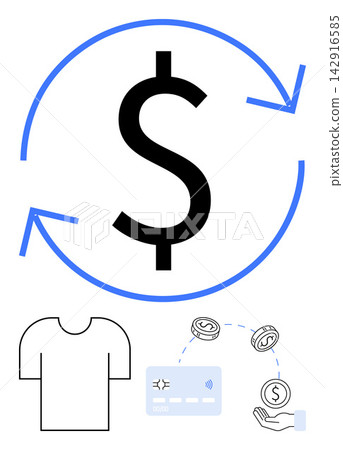 E-commerce platforms, online payments, sustainability, apparel, digital purchases, financial transactions. Large dollar sign encircled by arrows alongside icons of clothing and payment methods E-commerce platforms, online payments, sustainability, apparel, digital purchases, financial transactions. Large dollar sign encircled by arrows alongside icons of clothing and payment methods 142916585