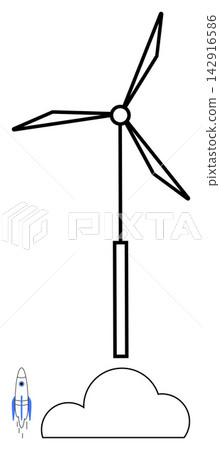 Renewable energy, sustainability, innovation, clean energy, futuristic technology, environmental conservation. A wind turbine with cloud and rocket. Renewable energy and sustainability Renewable energy, sustainability, innovation, clean energy, futuristic technology, environmental conservation. A wind turbine with cloud and rocket. Renewable energy and sustainability 142916586