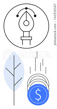 Creative industries, environmental sustainability, financial investments, eco-friendly business, technology, art. A pen tool, leaf and falling coins with a dollar sign. Creative industries Creative industries, environmental sustainability, financial investments, eco-friendly business, technology, art. A pen tool, leaf and falling coins with a dollar sign. Creative industries 142916587