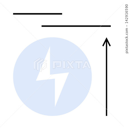 Direction, energy, simplicity, guidance, growth, movement. Black arrow pointing upward over a minimalist blue circle with a white lightning bolt. Growth and energy concept Direction, energy, simplicity, guidance, growth, movement. Black arrow pointing upward over a minimalist blue circle with a white lightning bolt. Growth and energy concept 142916590