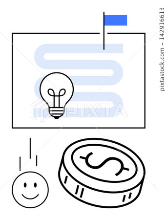 Business strategy, innovation, financial growth, ideas, creativity, and positive outcomes. Light bulb, coin roadmap and happy face symbols. Business strategy and innovation concepts Business strategy, innovation, financial growth, ideas, creativity, and positive outcomes. Light bulb, coin roadmap and happy face symbols. Business strategy and innovation concepts 142916613