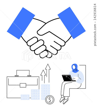 Business agreements, financial planning, digital work, career growth, investment opportunities, economic collaboration. Handshake, financial bars briefcase and person on laptop. Business agreements Business agreements, financial planning, digital work, career growth, investment opportunities, economic collaboration. Handshake, financial bars briefcase and person on laptop. Business agreements 142916614