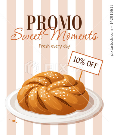 Promotional bakery illustration featuring a Swedish cardamom bun on Promotional bakery illustration featuring a Swedish cardamom bun on 142916615